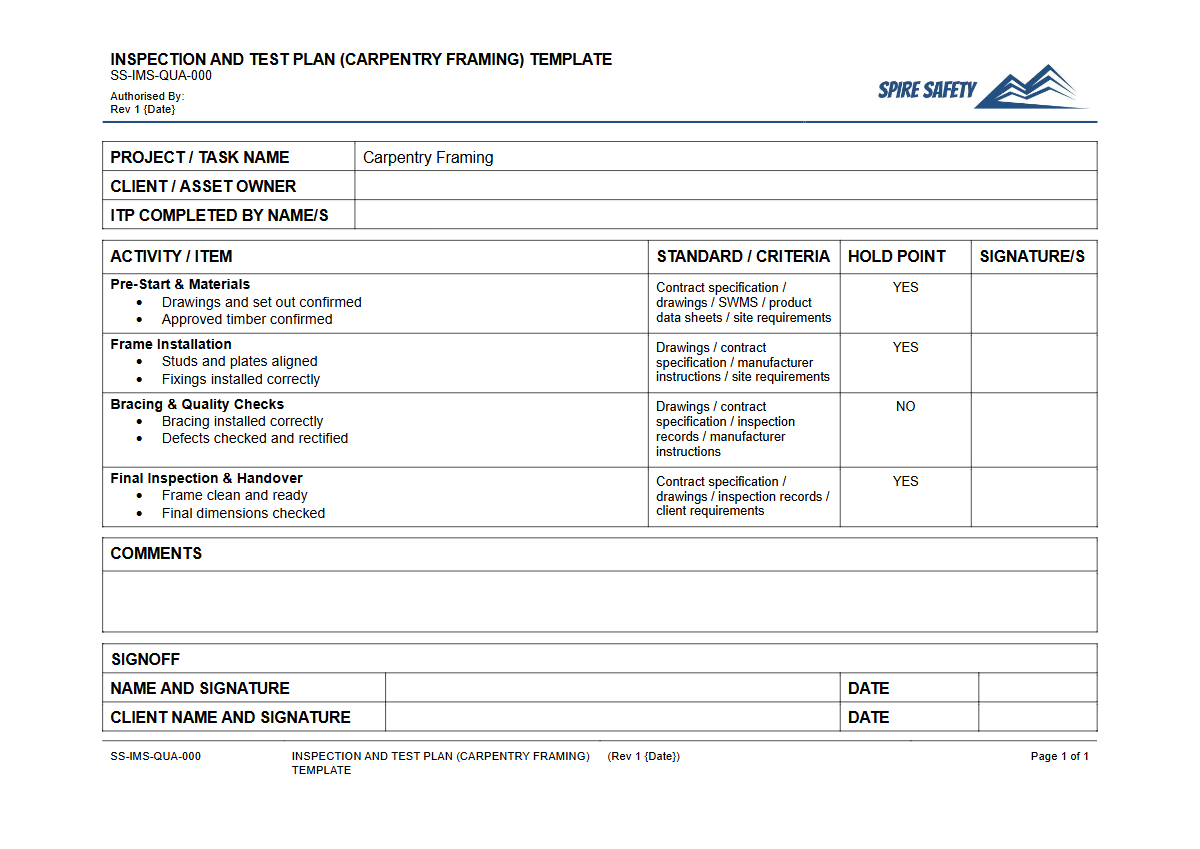 Free Inspection & Test Plan (Carpentry Framing) Template — document preview
