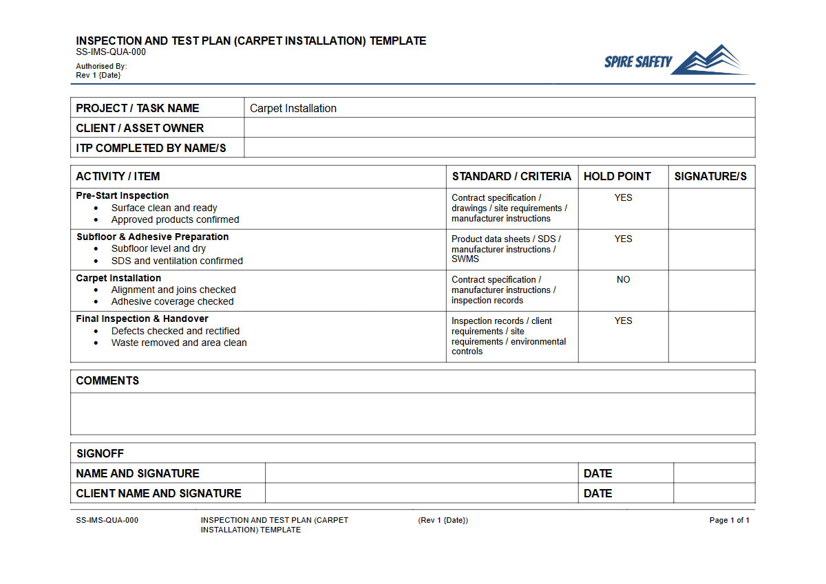 Free Inspection & Test Plan (Carpet Installation) Template — document preview