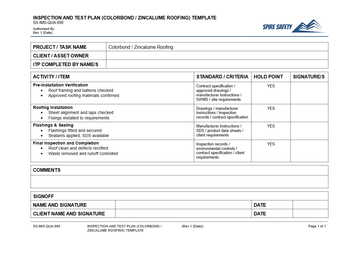 Free Inspection & Test Plan (Colorbond Zincalume Roofing) Template — document preview
