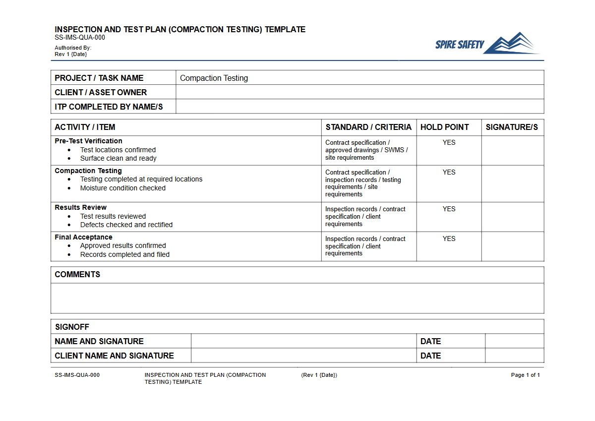 Free Inspection & Test Plan (Compaction Testing) Template — document preview