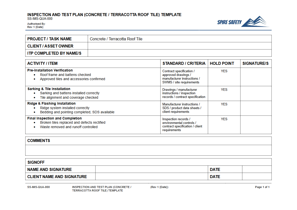 Free Inspection & Test Plan (Concrete Terracotta Roof Tile) Template — document preview