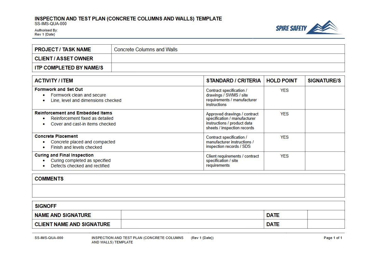 Free Inspection & Test Plan (Concrete Columns and Walls) Template — document preview