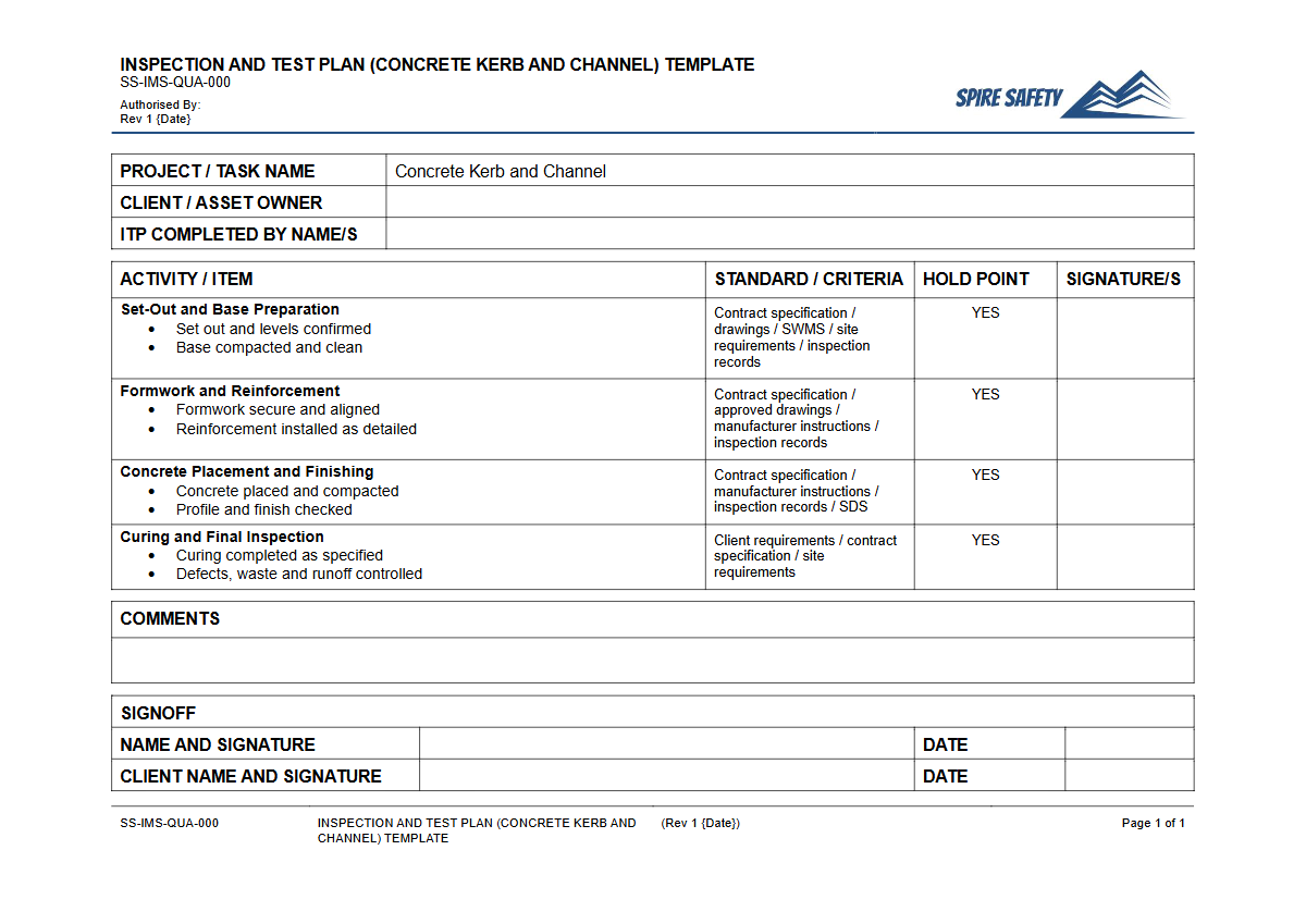 Free Inspection & Test Plan (Concrete Kerb and Channel) Template — document preview