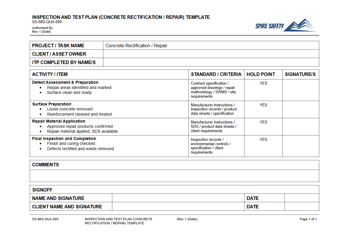 Free Inspection & Test Plan (Concrete Rectification Repair) Template — document preview