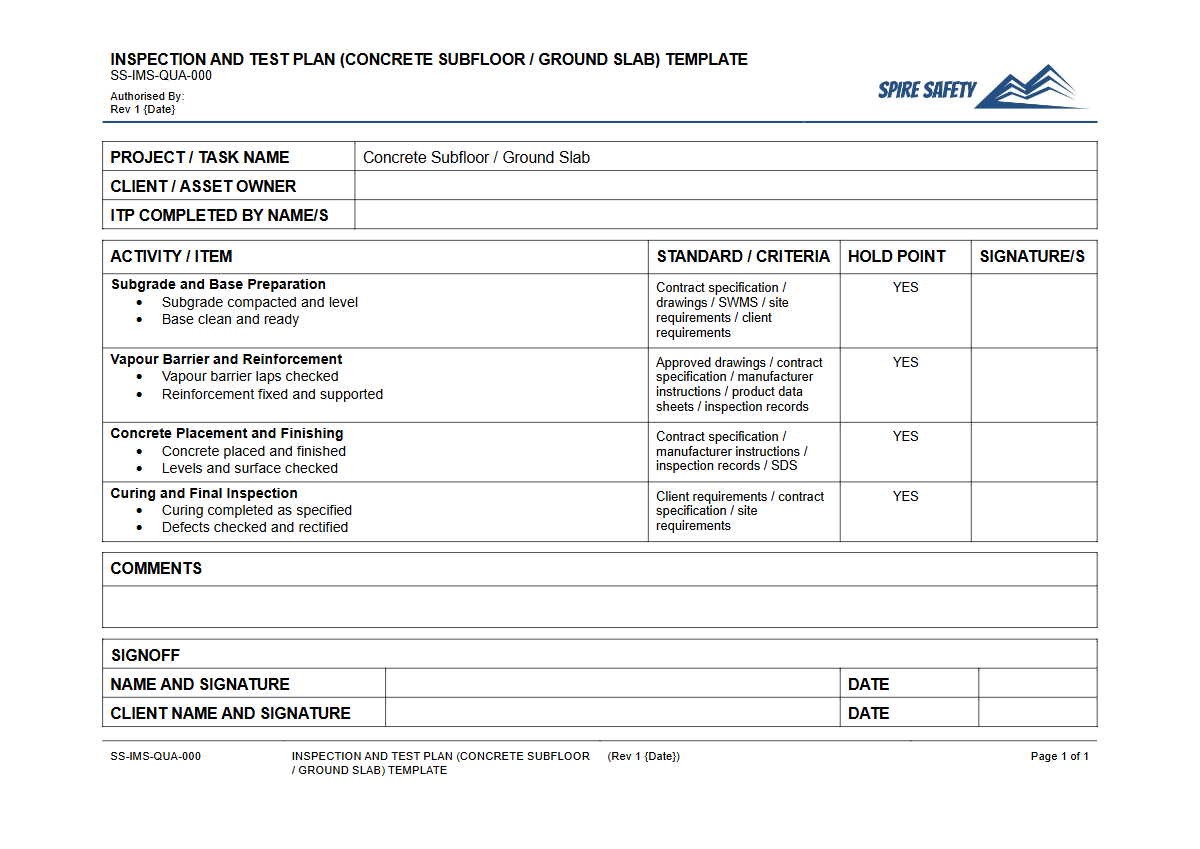Free Inspection & Test Plan (Concrete Subfloor Ground Slab) Template — document preview