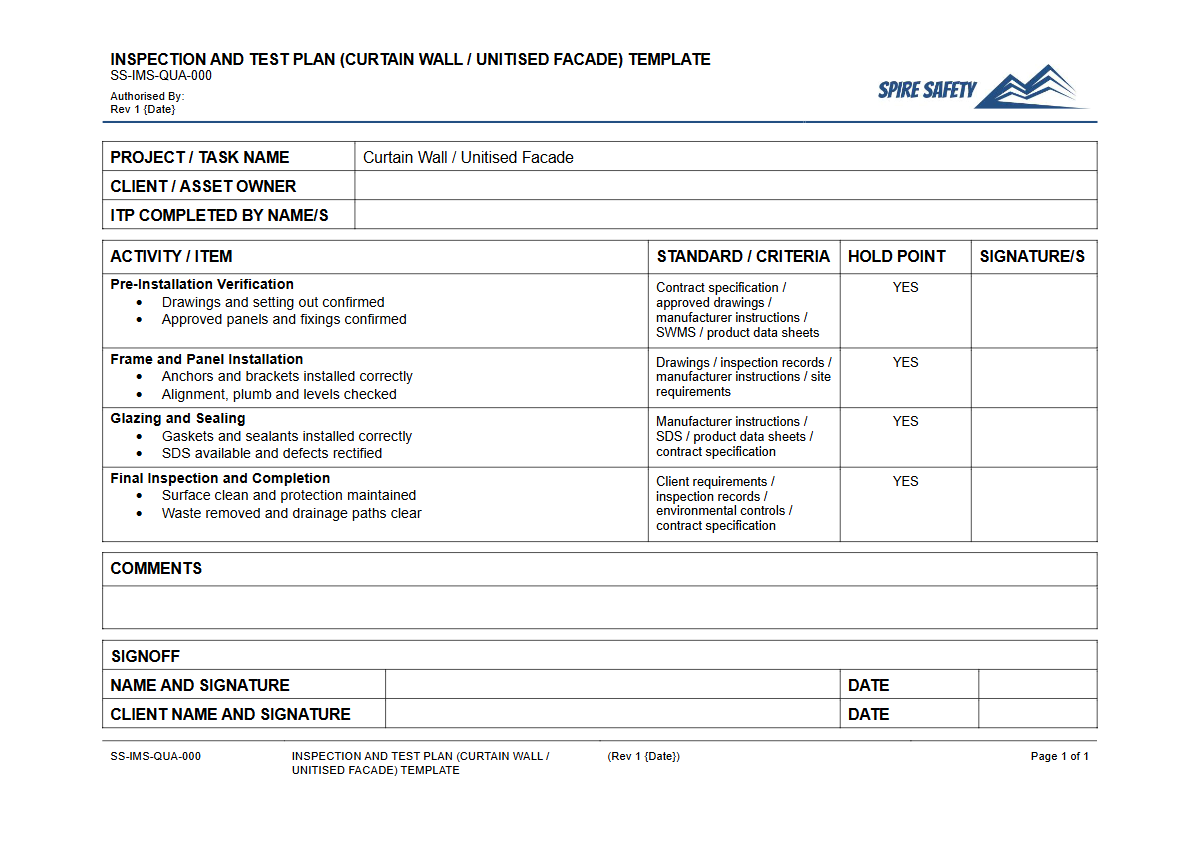 Free Inspection & Test Plan (Curtain Wall Unitised Facade) Template — document preview