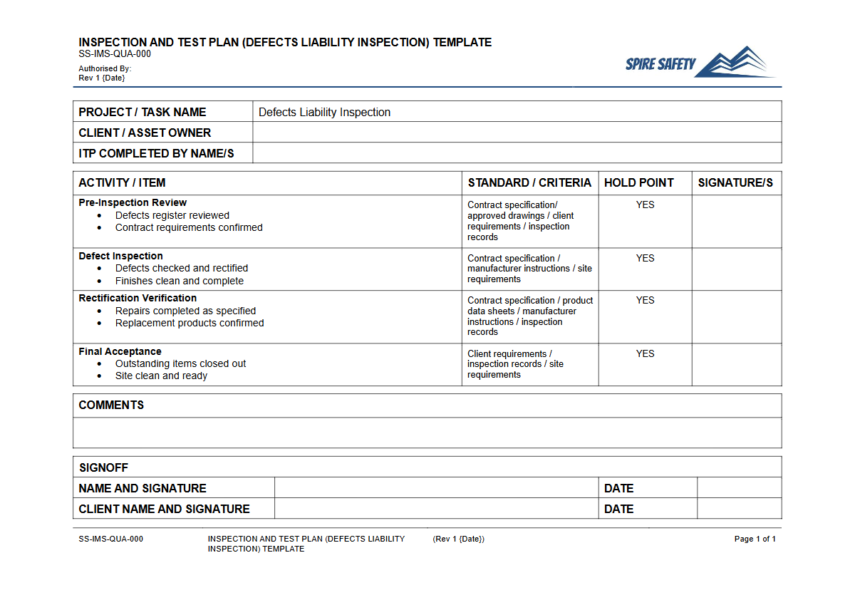 Free Inspection & Test Plan (Defects Liability Inspection) Template — document preview