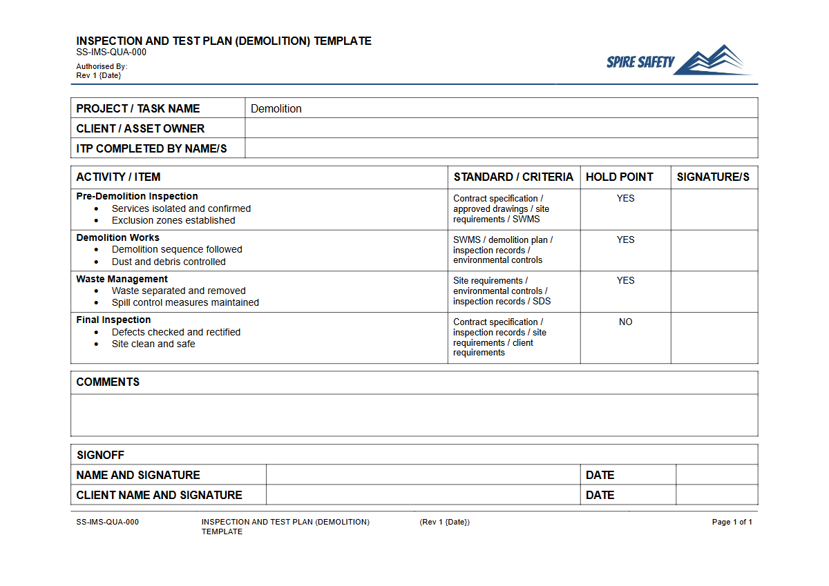 Free Inspection & Test Plan (Demolition) Template — document preview
