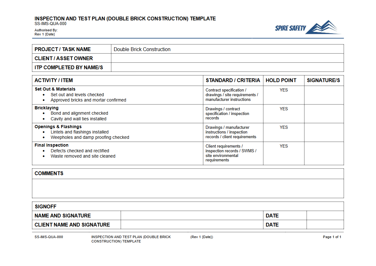 Free Inspection & Test Plan (Double Brick Construction) Template — document preview