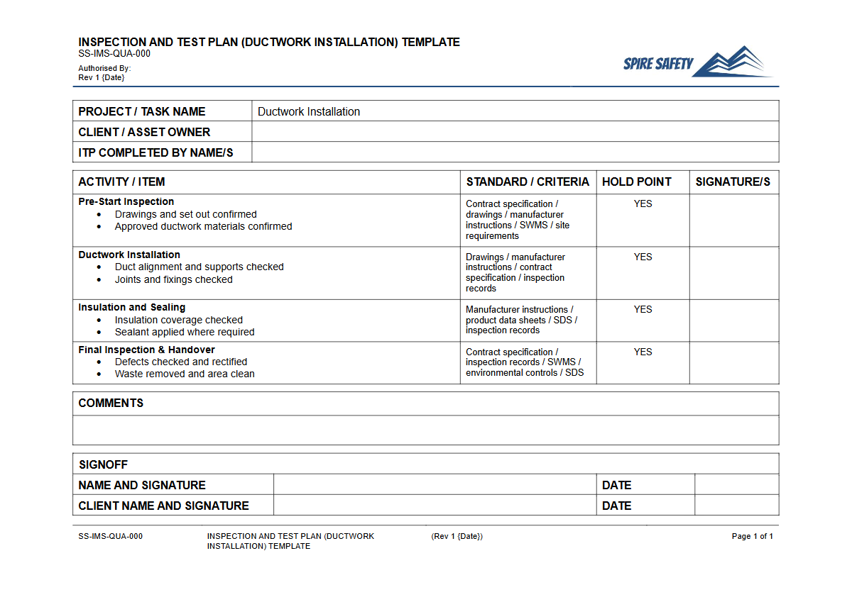 Free Inspection & Test Plan (Ductwork Installation) Template — document preview