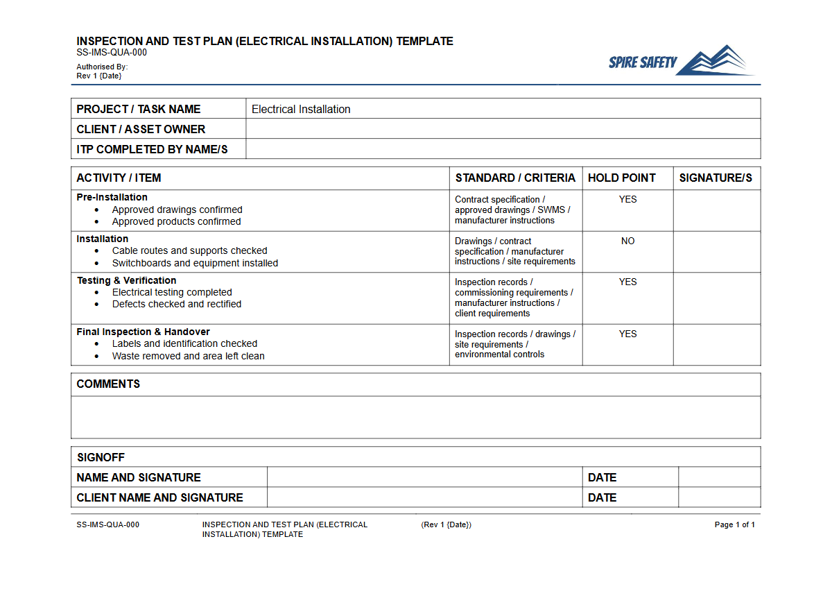 Free Inspection & Test Plan (Electrical Installation) Template — document preview