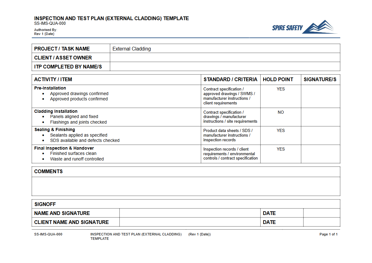 Free Inspection & Test Plan (External Cladding) Template — document preview