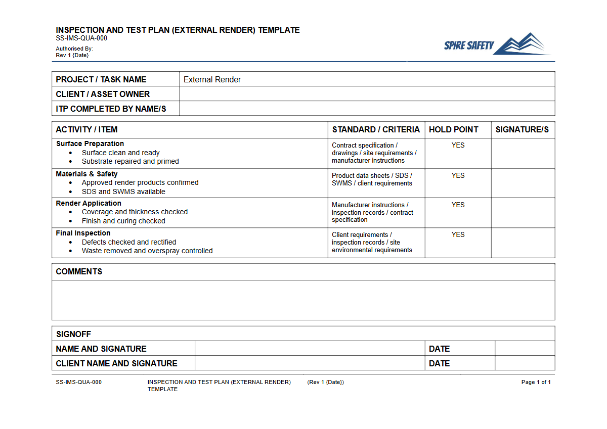 Free Inspection & Test Plan (External Render) Template — document preview