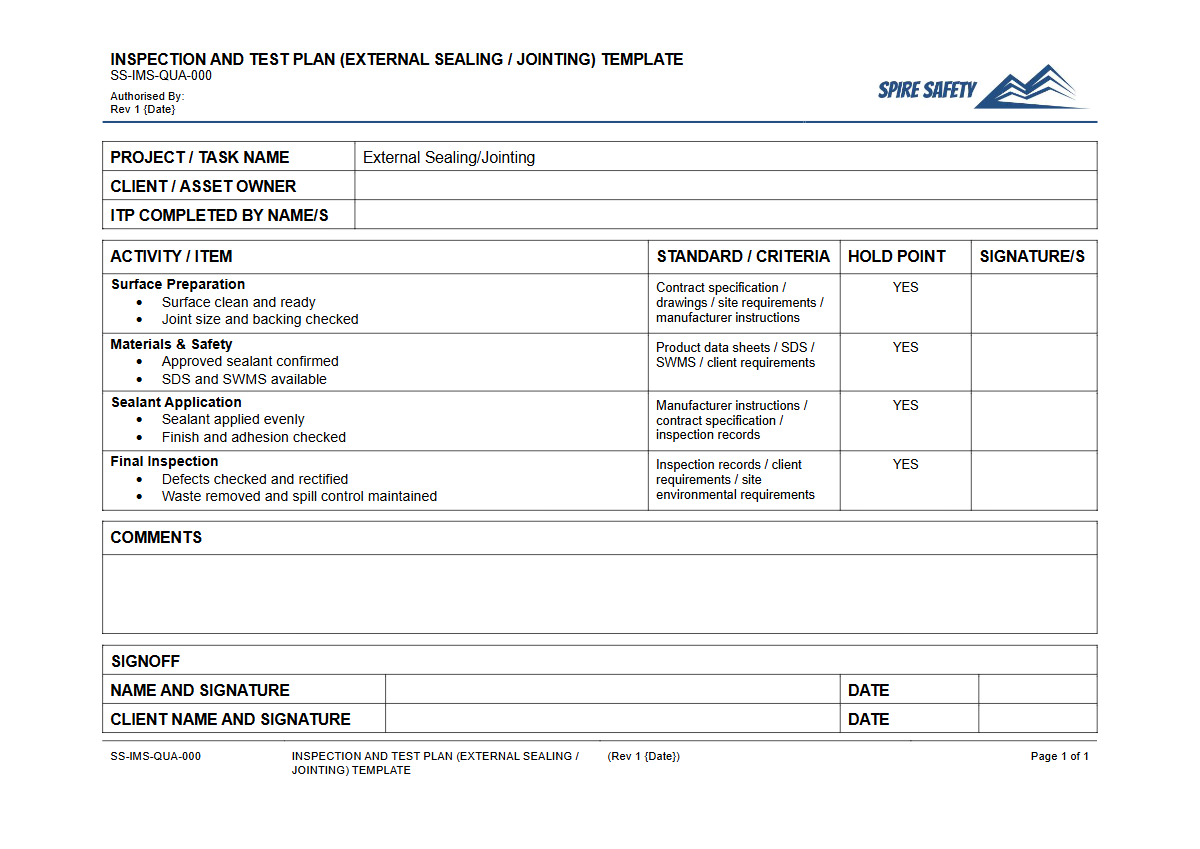 Free Inspection & Test Plan (External Sealing Jointing) Template — document preview