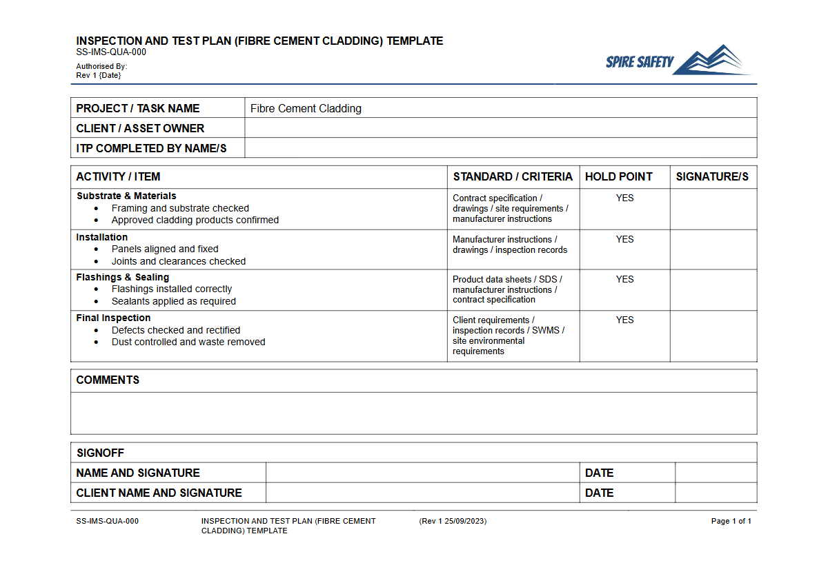 Free Inspection & Test Plan (Fibre Cement Cladding) Template — document preview