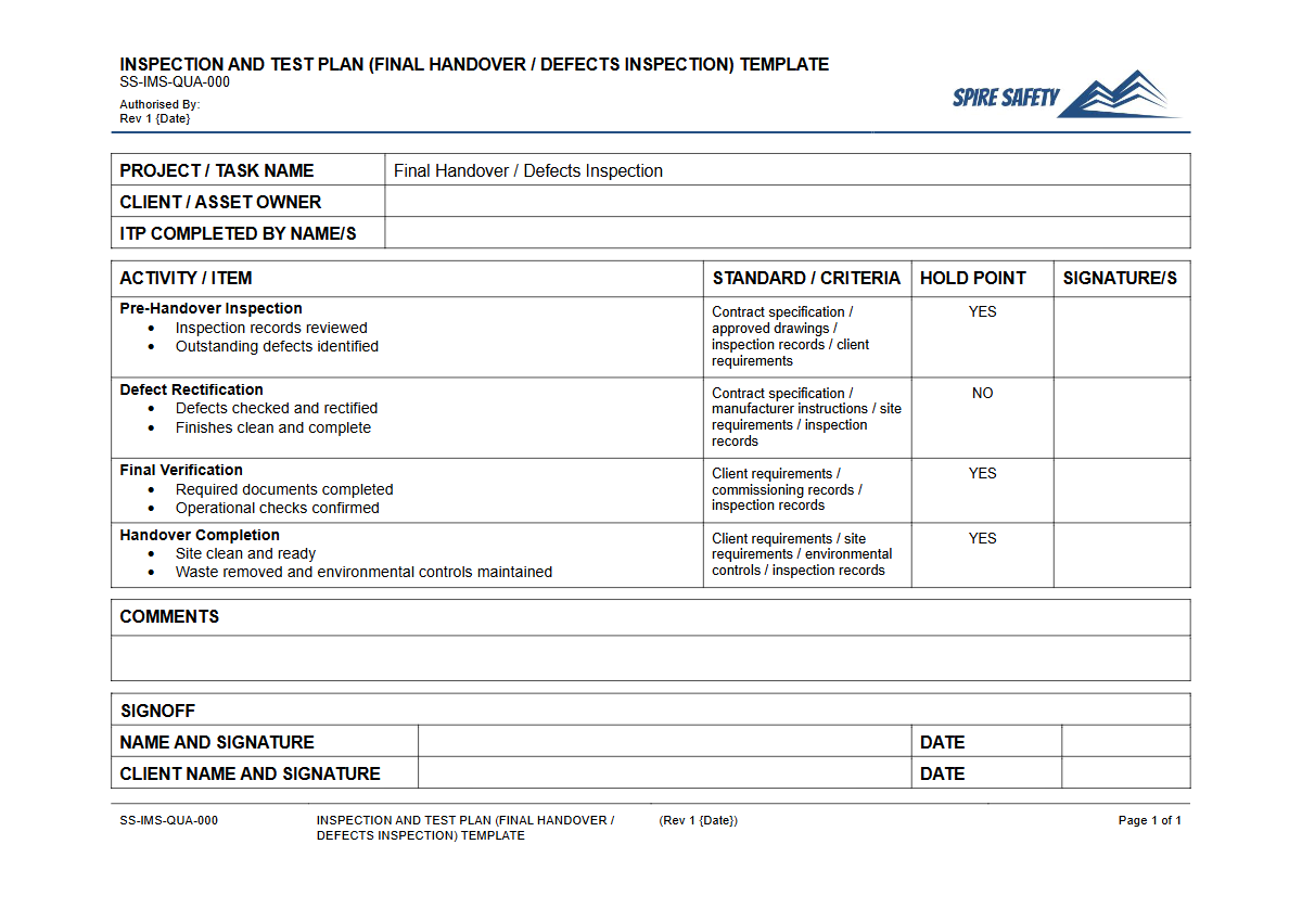 Free Inspection & Test Plan (Final Handover Defects Inspection) Template — document preview