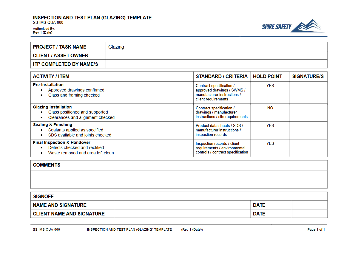 Free Inspection & Test Plan (Glazing) Template — document preview