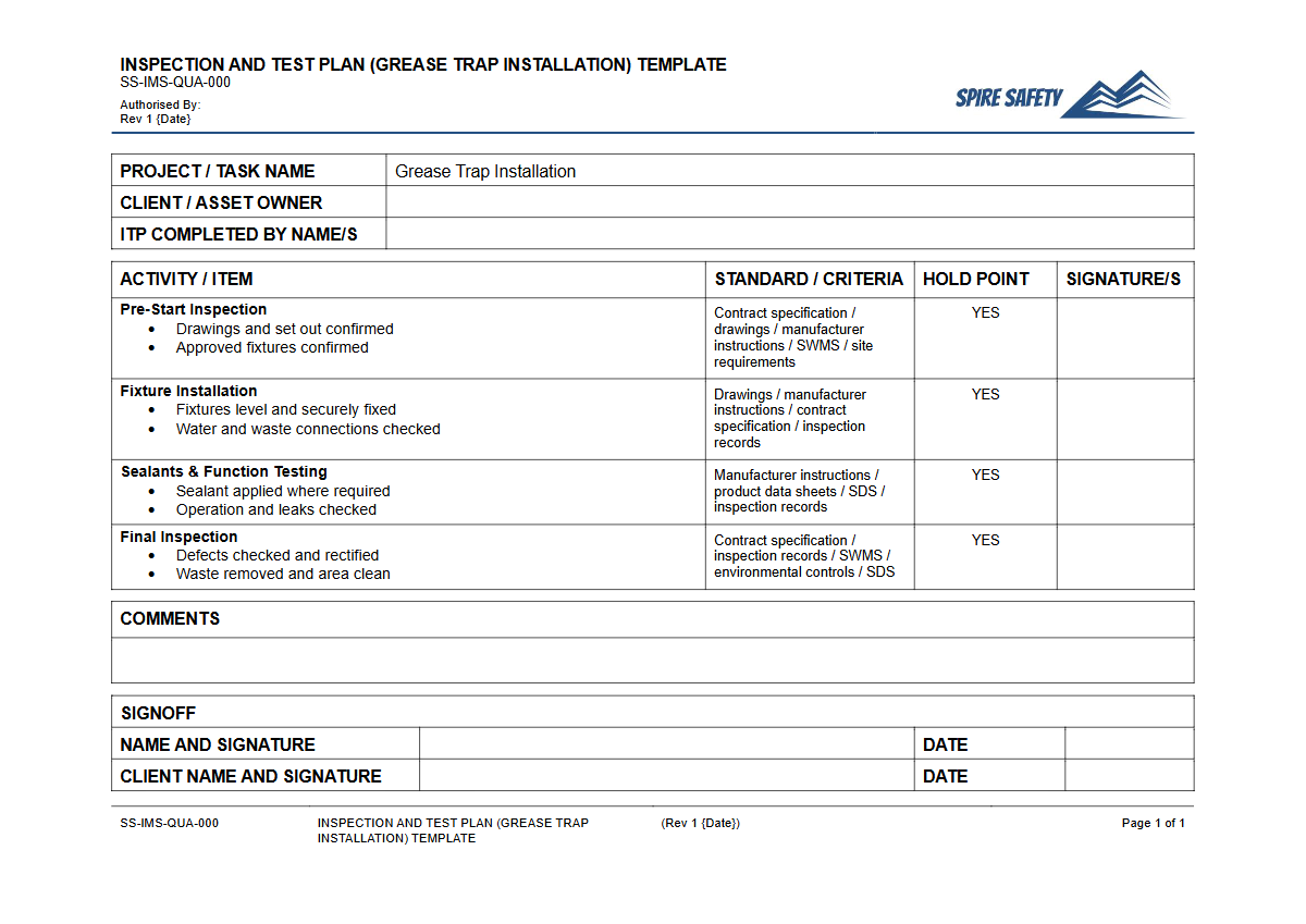 Free Inspection & Test Plan (Grease Trap Installation) Template — document preview