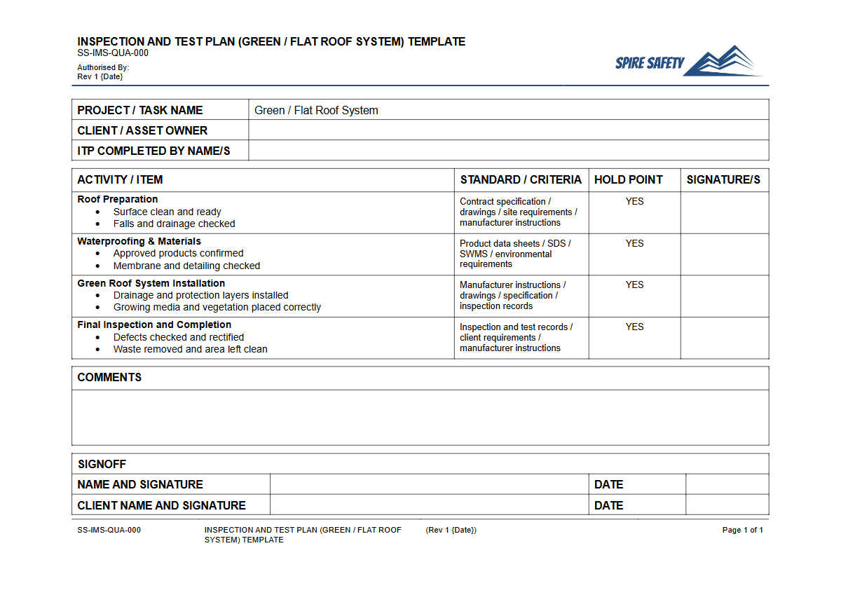 Free Inspection & Test Plan (Green Flat Roof System) Template — document preview