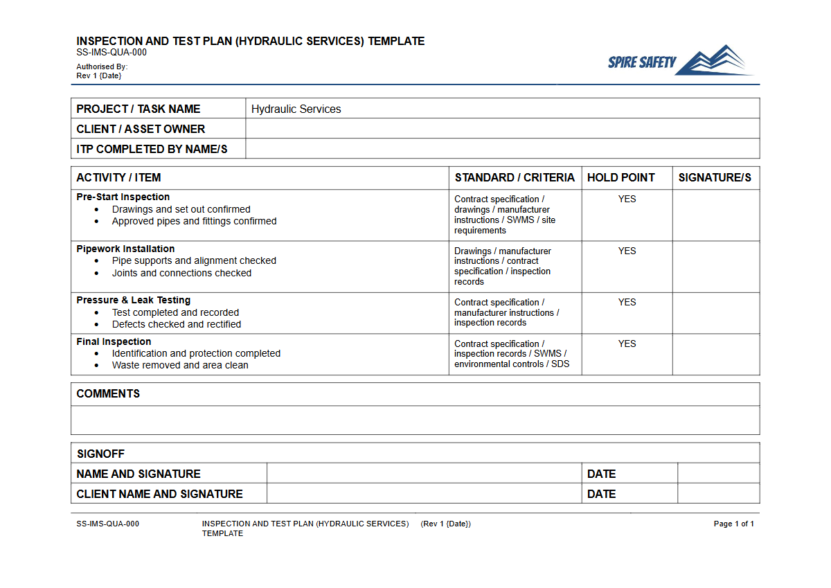 Free Inspection & Test Plan (Hydraulic Services) Template — document preview