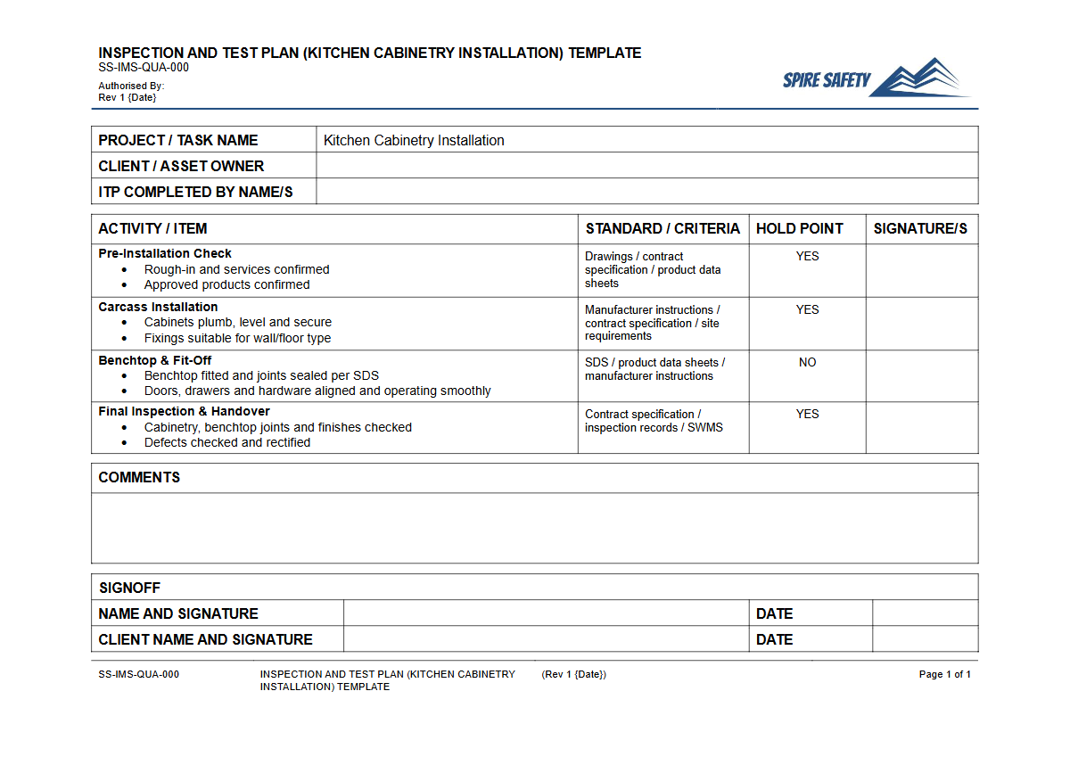 Free Inspection & Test Plan (Kitchen Cabinetry Installation) Template — document preview