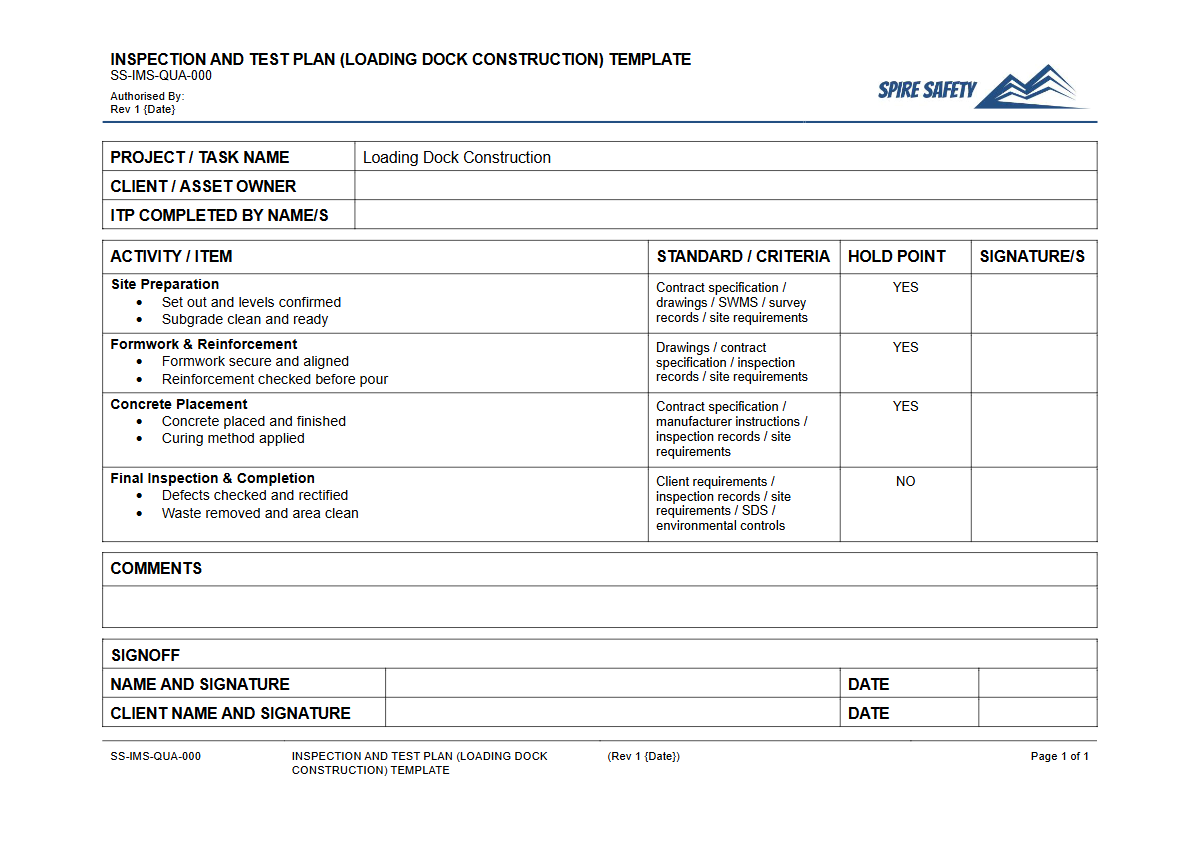Free Inspection & Test Plan (Loading Dock Construction) Template — document preview