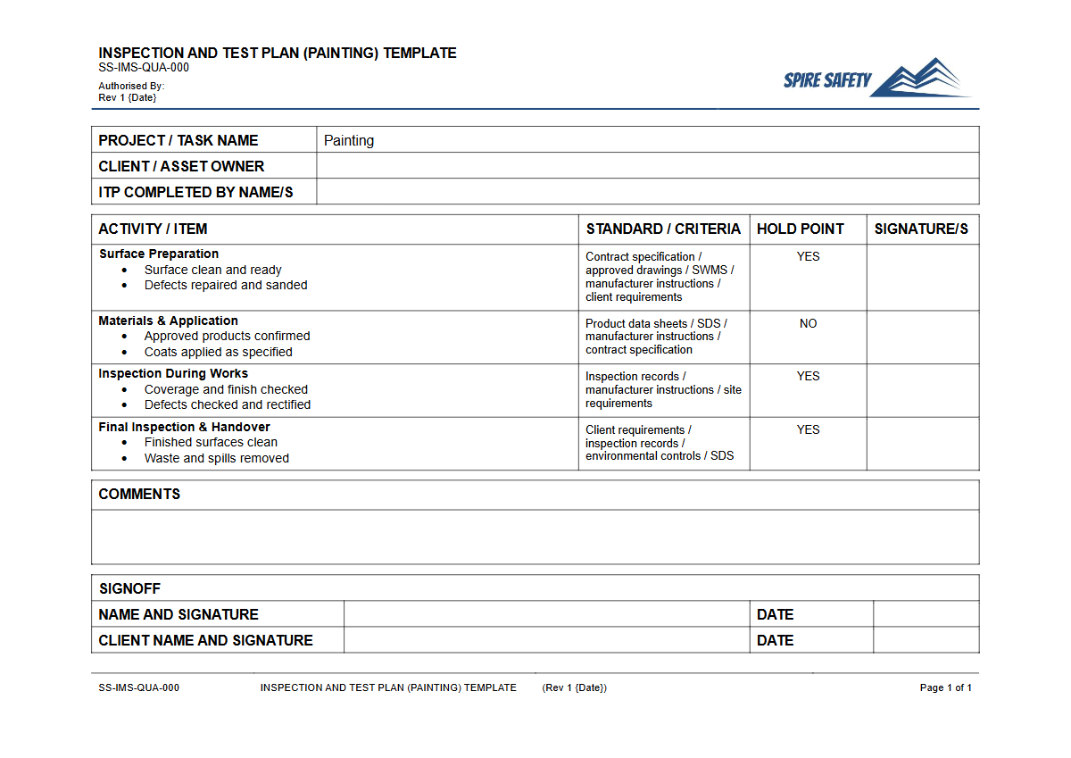 Free Inspection & Test Plan (Painting) Template — document preview