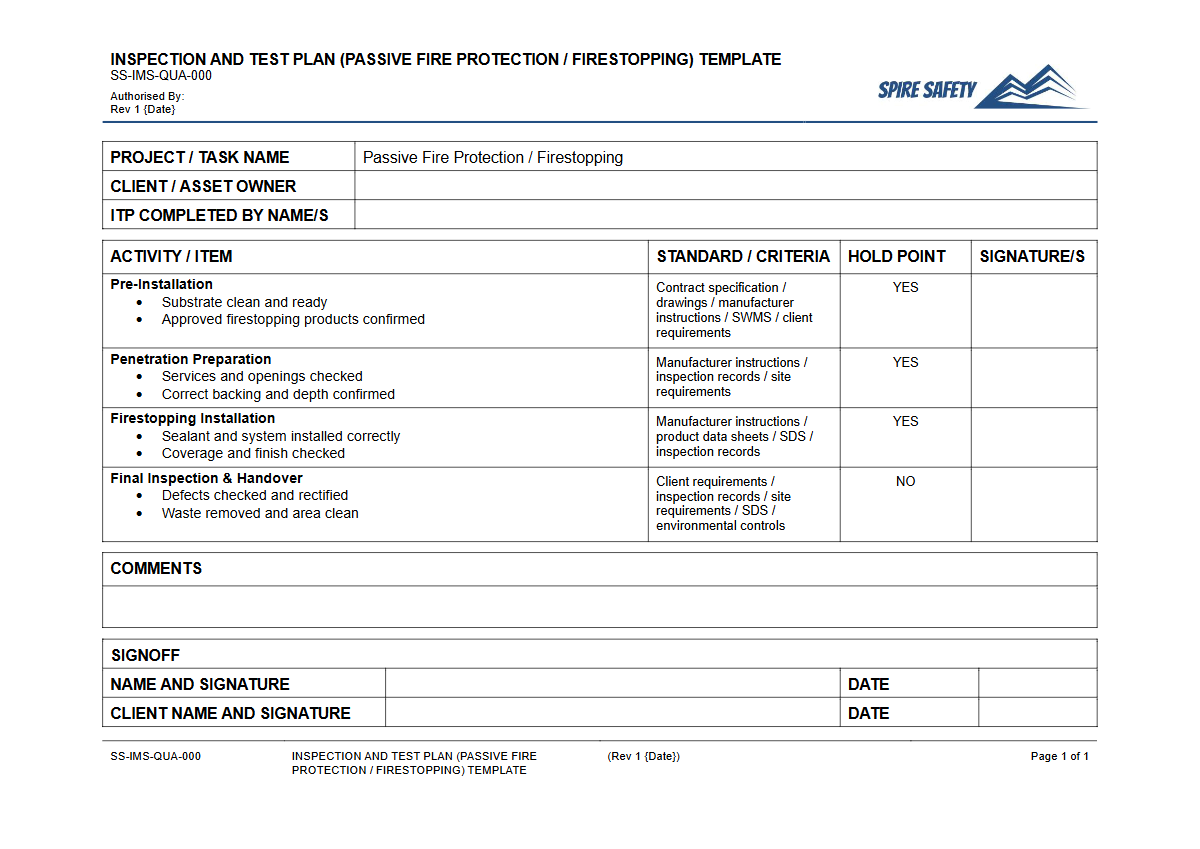 Free Inspection & Test Plan (Passive Fire Protection Firestopping) Template — document preview