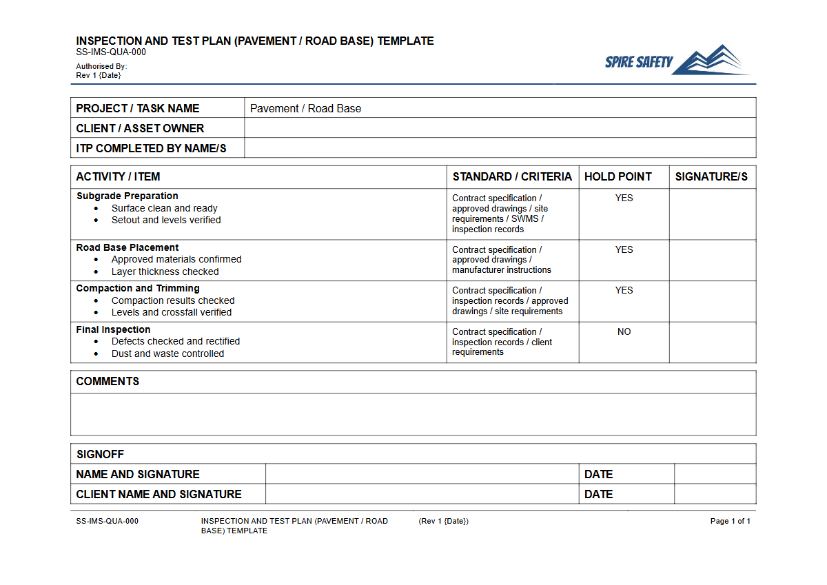 Free Inspection & Test Plan (Pavement Road Base) Template — document preview