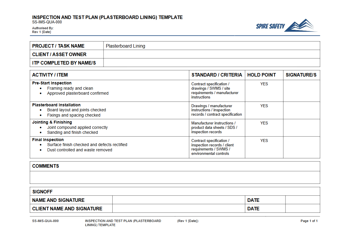 Free Inspection & Test Plan (Plasterboard Lining) Template — document preview