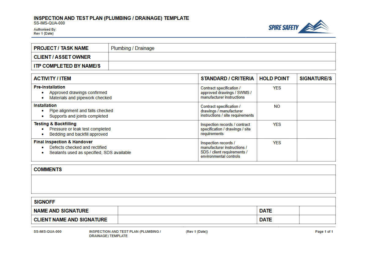 Free Inspection & Test Plan (Plumbing Drainage) Template — document preview