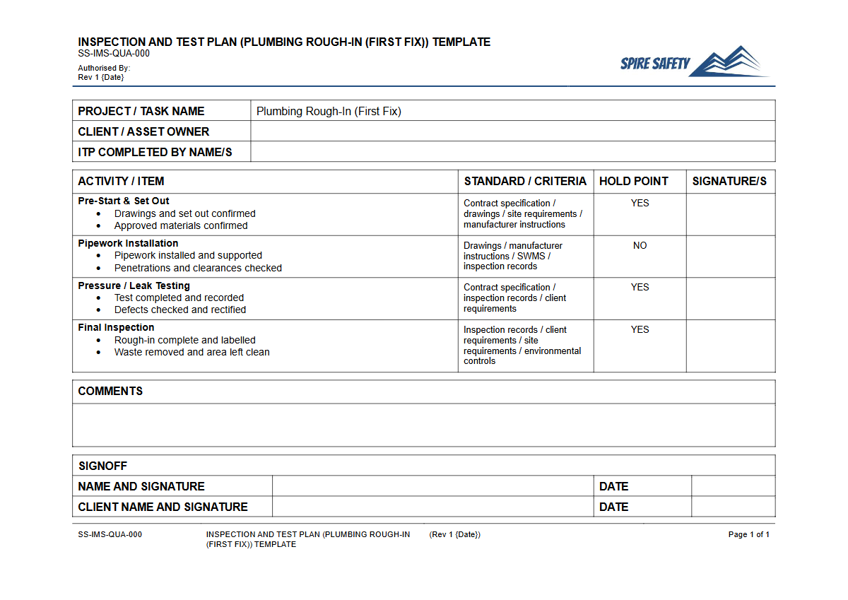 Free Inspection & Test Plan (Plumbing Rough-In (First Fix)) Template — document preview