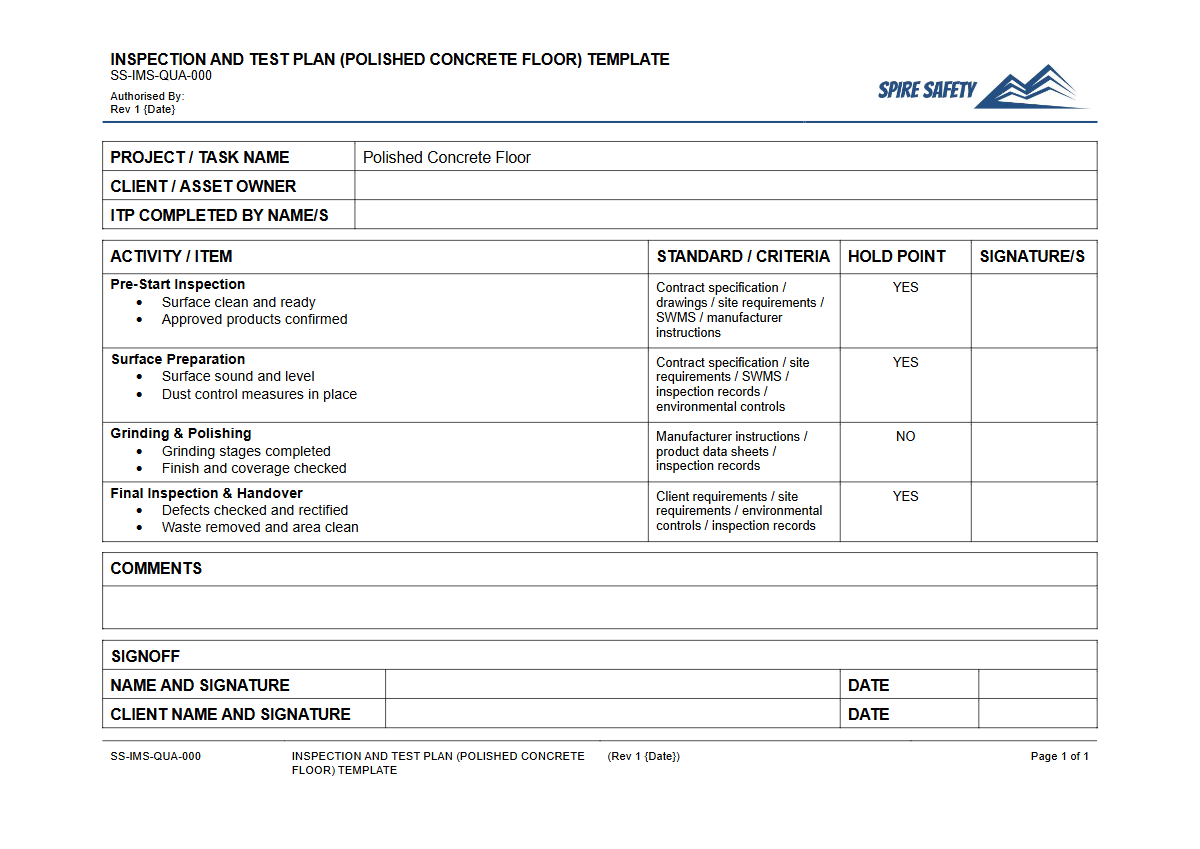 Free Inspection & Test Plan (Polished Concrete Floor) Template — document preview
