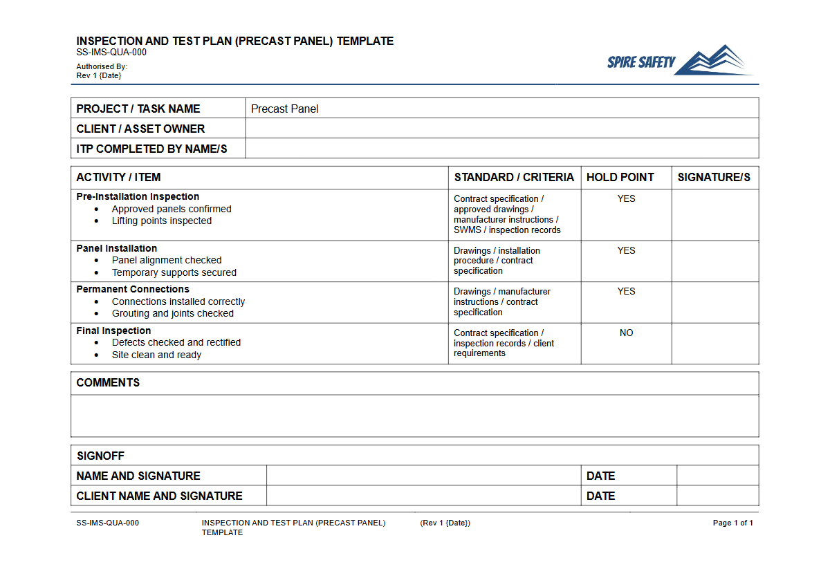 Free Inspection & Test Plan (Precast Panel) Template — document preview
