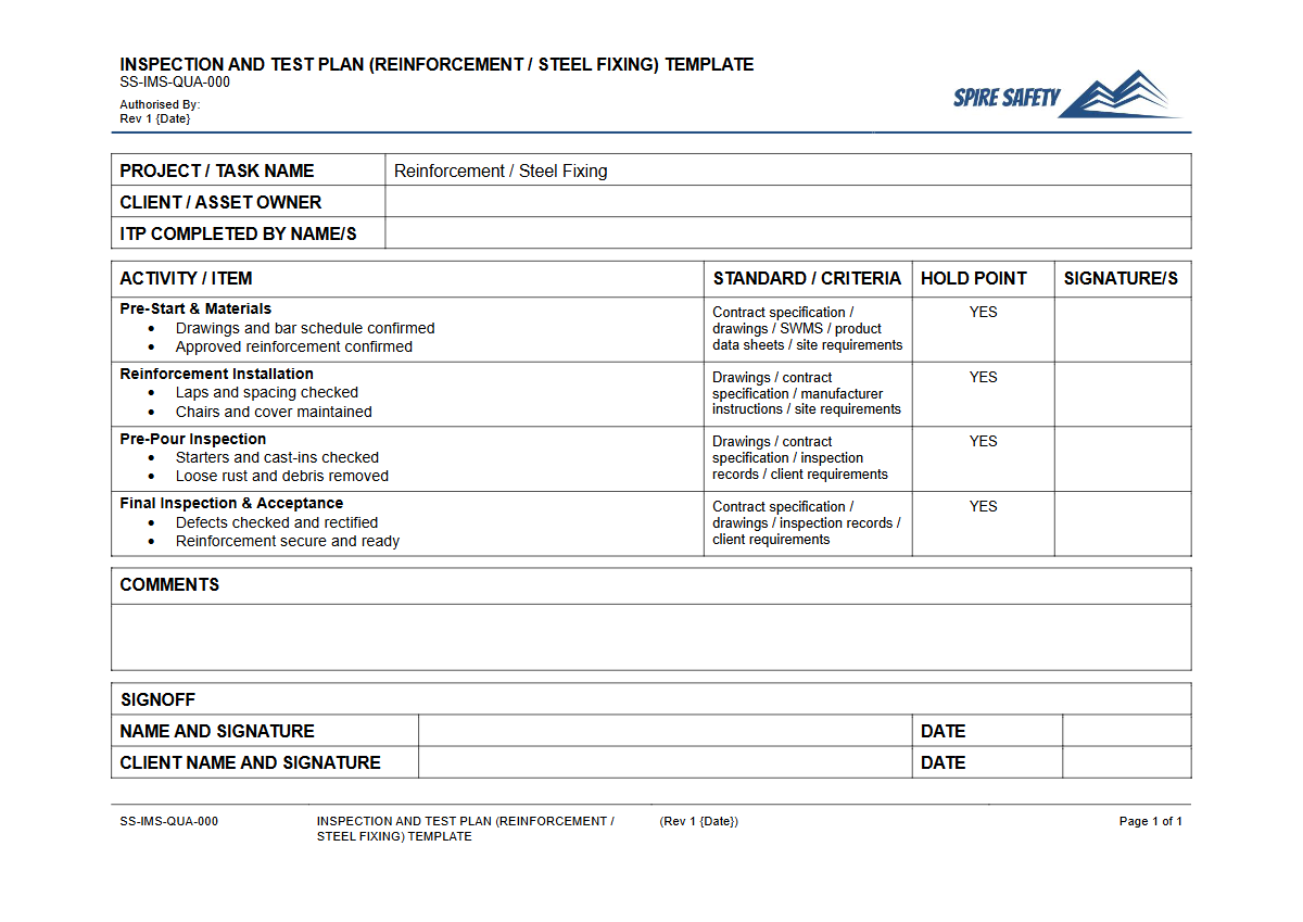 Free Inspection & Test Plan (Reinforcement Steel Fixing) Template — document preview