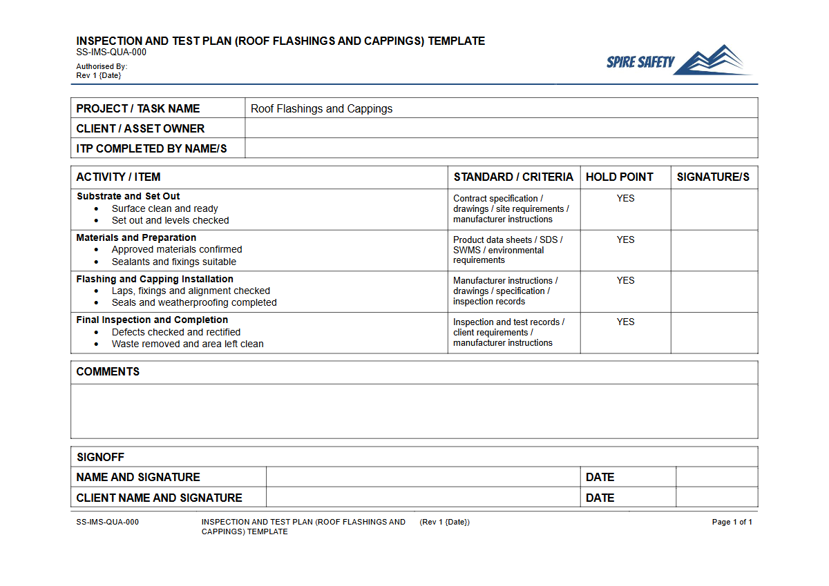 Free Inspection & Test Plan (Roof Flashings and Cappings) Template — document preview