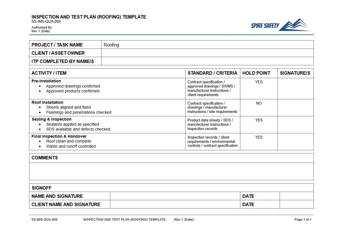 Free Inspection & Test Plan (Roofing) Template — document preview
