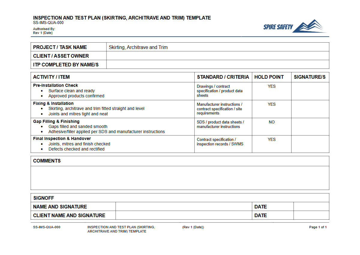 Free Inspection & Test Plan (Skirting, Architrave and Trim) Template — document preview