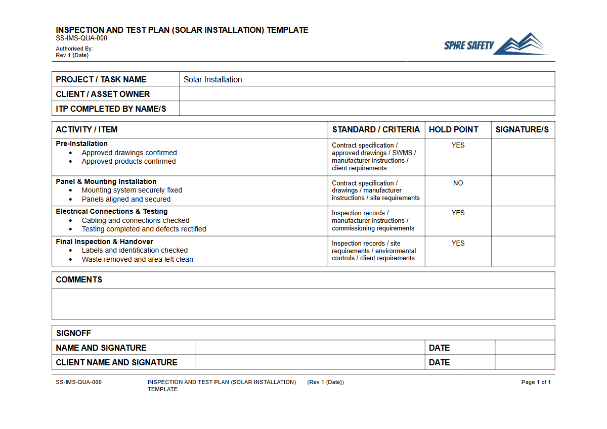 Free Inspection & Test Plan (Solar Installation) Template — document preview