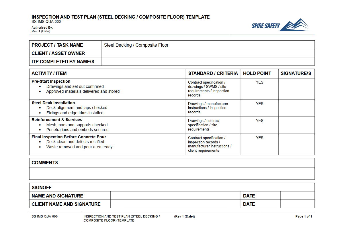 Free Inspection & Test Plan (Steel Decking Composite Floor) Template — document preview
