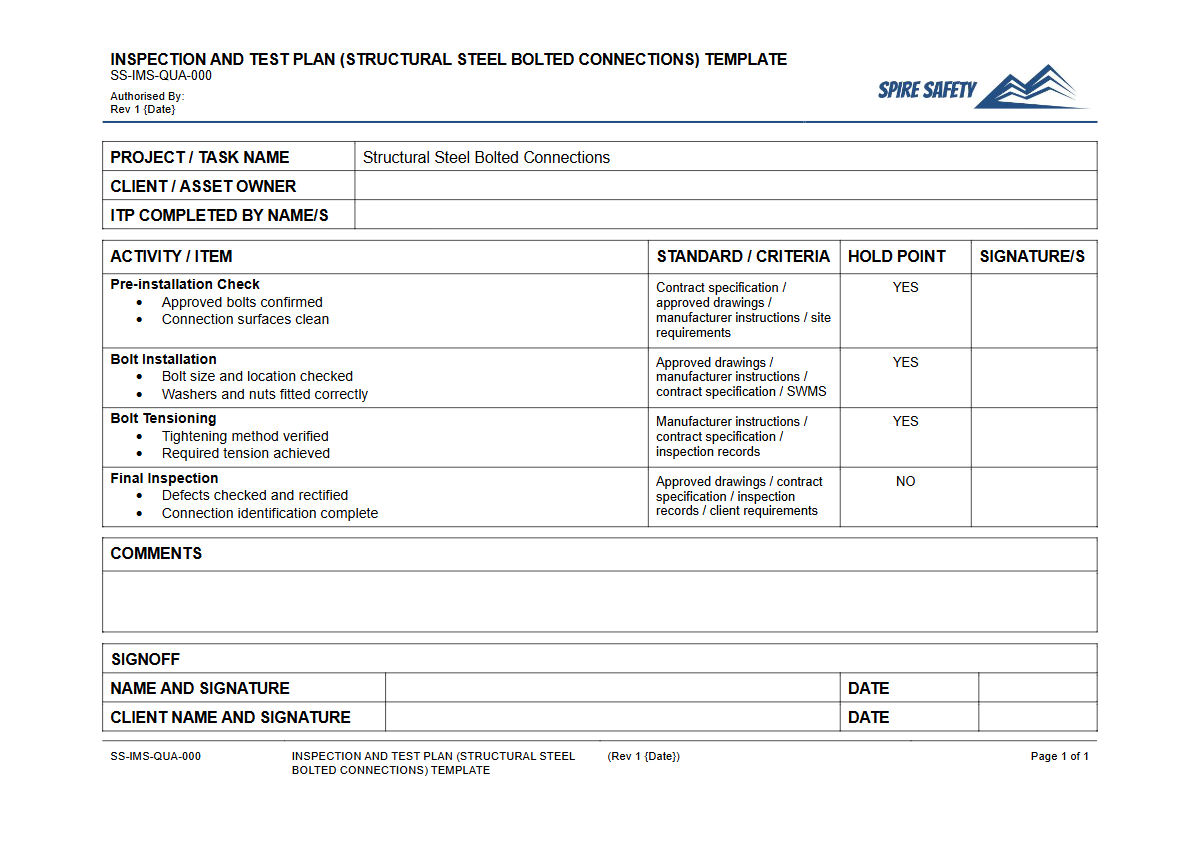 Free Inspection & Test Plan (Structural Steel Bolted Connections) Template — document preview