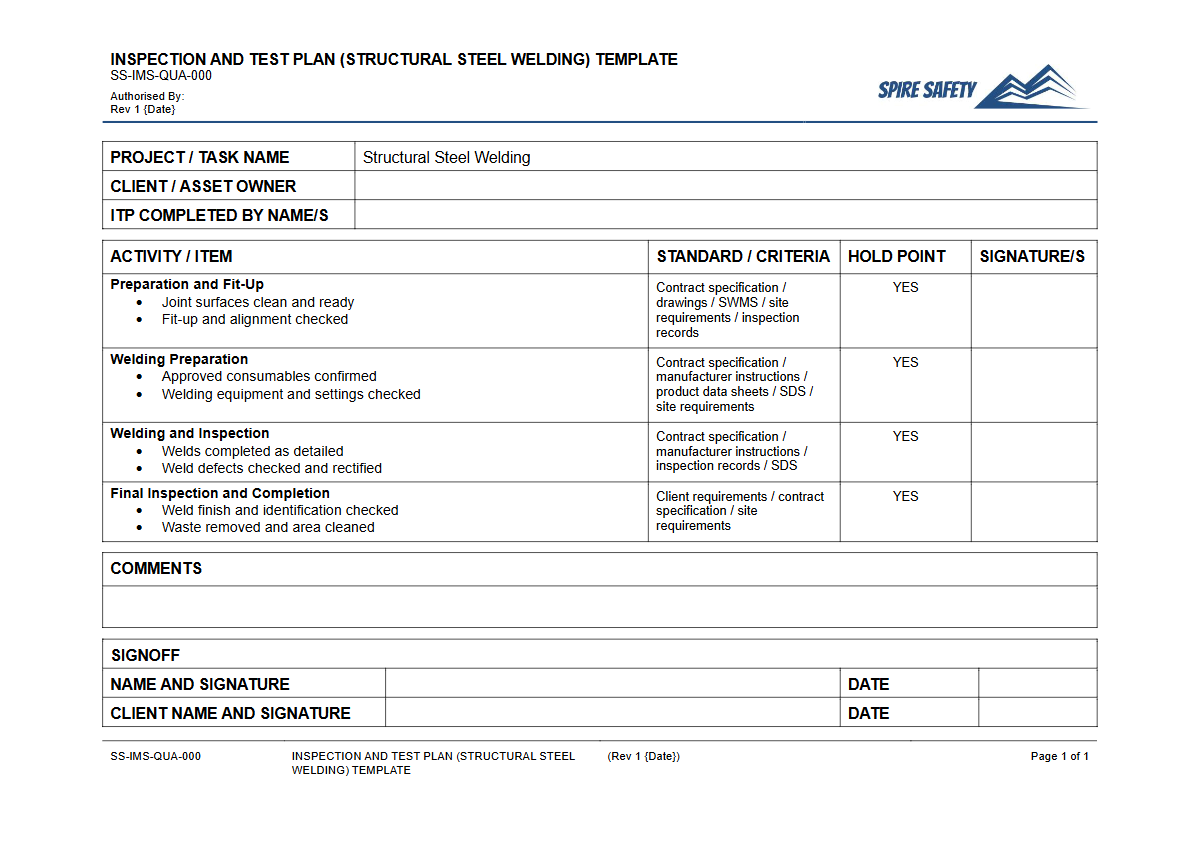 Free Inspection & Test Plan (Structural Steel Welding) Template — document preview