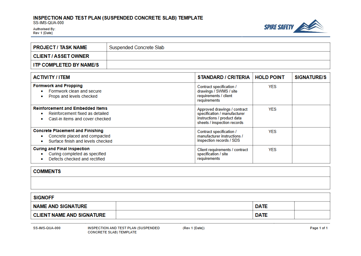 Free Inspection & Test Plan (Suspended Concrete Slab) Template — document preview