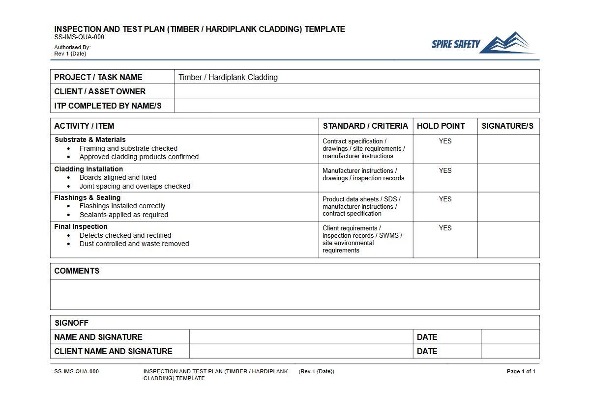 Free Inspection & Test Plan (Timber Hardiplank Cladding) Template — document preview