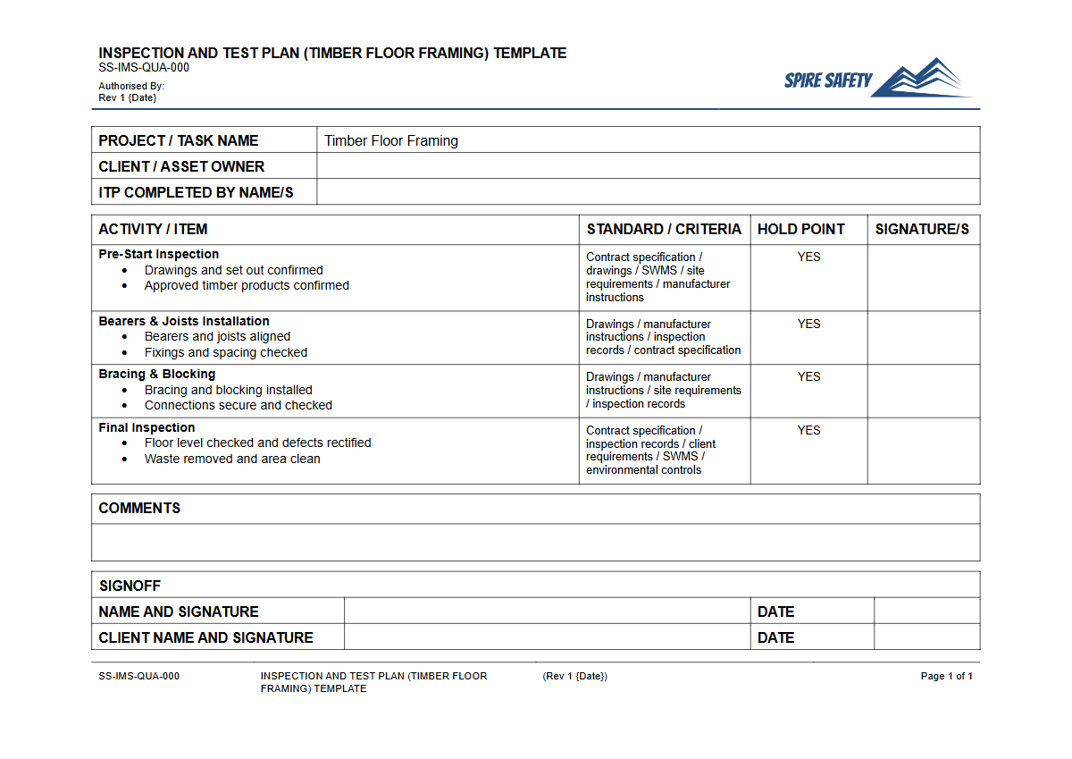 Free Inspection & Test Plan (Timber Floor Framing) Template — document preview