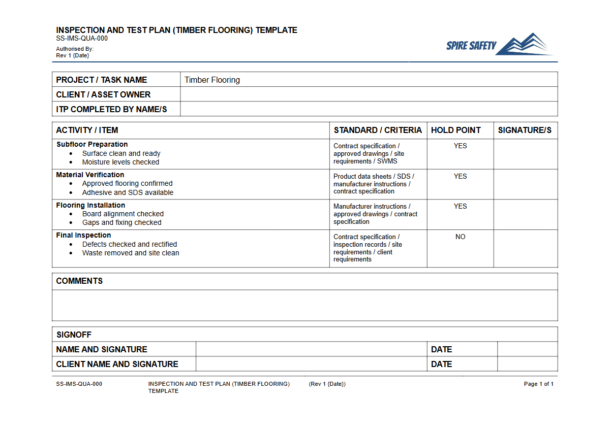 Free Inspection & Test Plan (Timber Flooring) Template — document preview