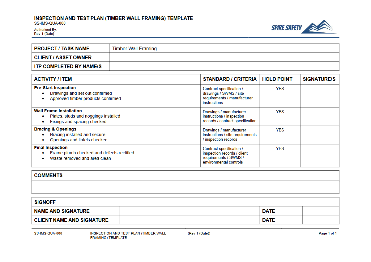 Free Inspection & Test Plan (Timber Wall Framing) Template — document preview