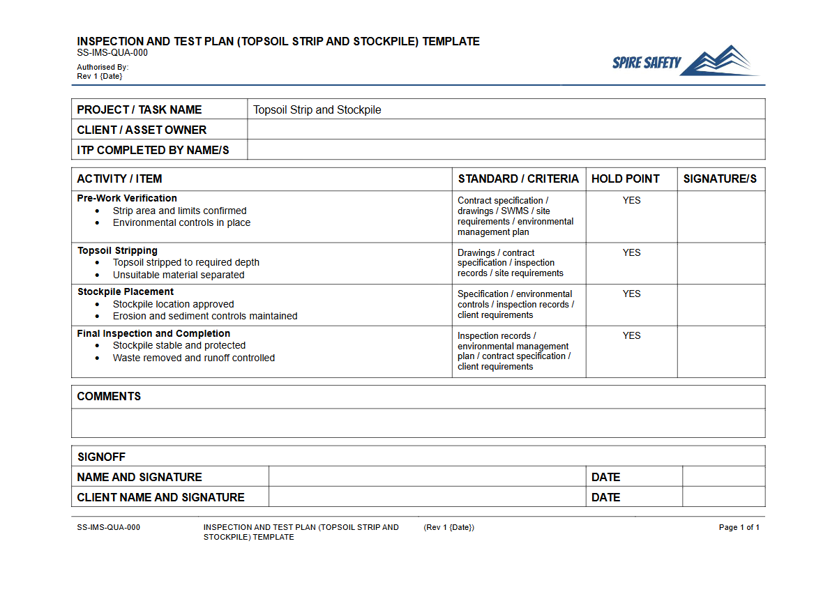 Free Inspection & Test Plan (Topsoil Strip and Stockpile) Template — document preview