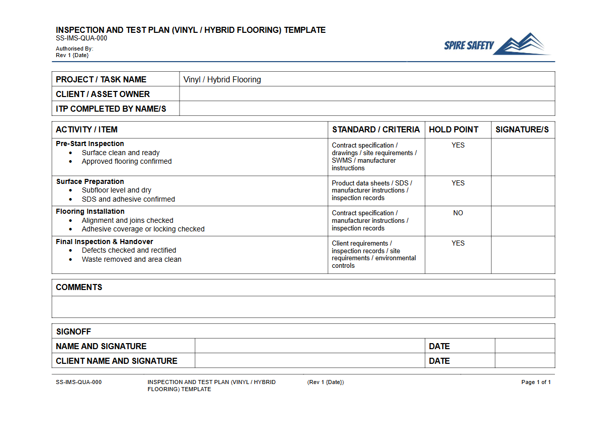 Free Inspection & Test Plan (Vinyl Hybrid Flooring) Template — document preview