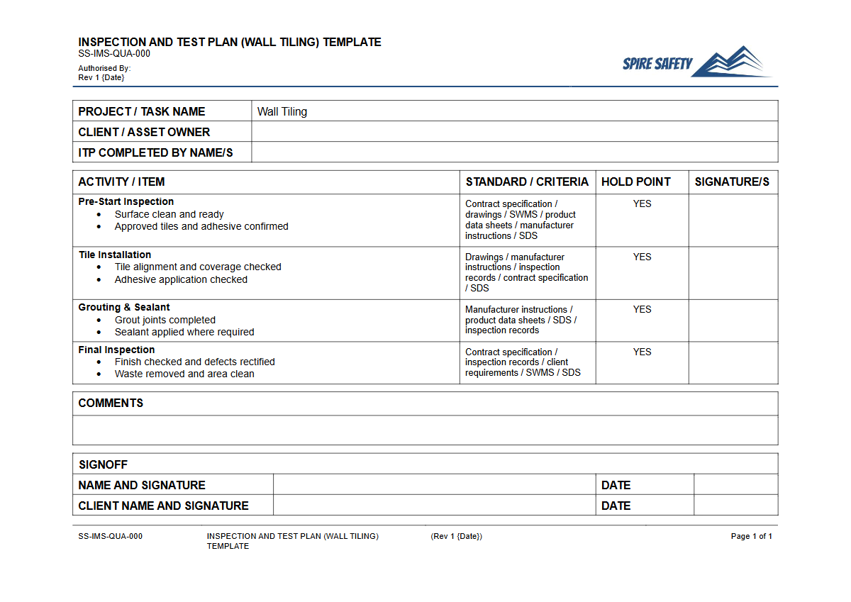 Free Inspection & Test Plan (Wall Tiling) Template — document preview